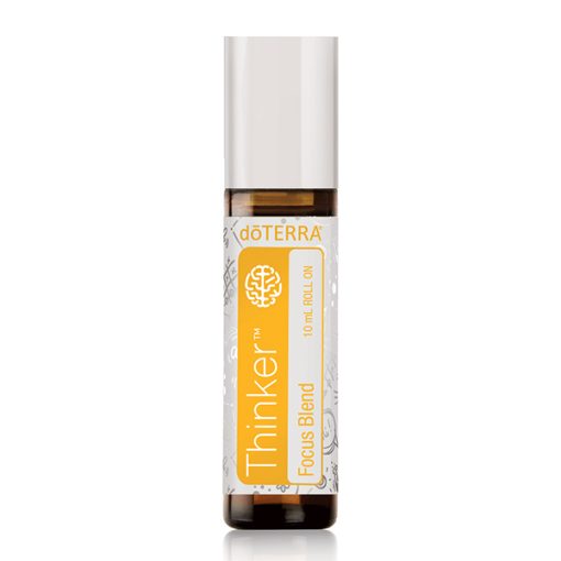 A bottle of doterra essential oils, thinker focus blend, in a 10 ml roll-on applicator, displayed against a white background.