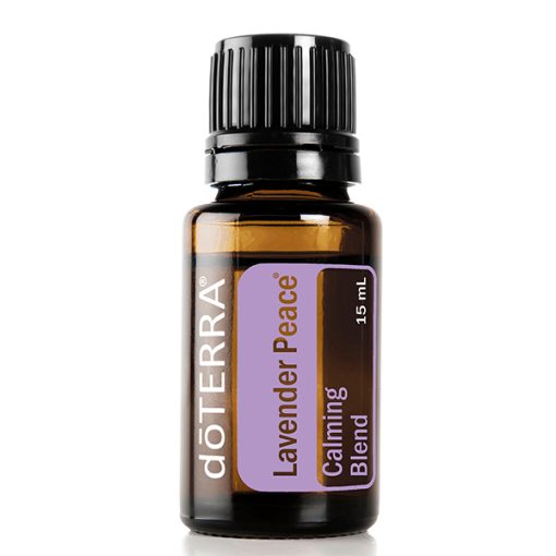 A bottle of earthsun essentials lavender peace calming blend essential oil, with a dark amber glass and purple label, isolated on a white background. The bottle contains 15 ml of oil.