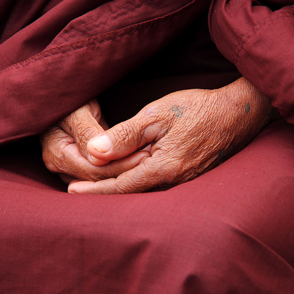 Close-up of an elderly person's hands clasped together, wearing a deep red robe, highlighting the detailed textures of the skin and traces of earthsun essentials oil.