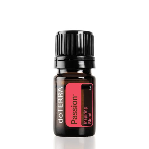 A doterra passion essential oil blends bottle with a black cap and a red label on a white background.