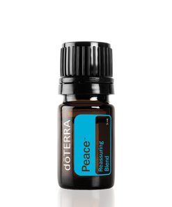 A small bottle of doterra peace essential oil blend, featuring a black cap and a turquoise label on a white background. This is one of the best essential oils for promoting tranquility.