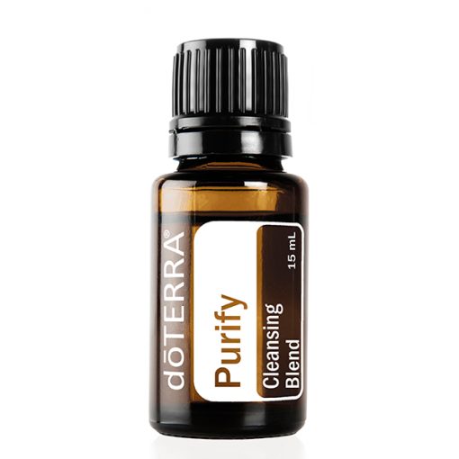 A small, clear glass bottle of doTERRA essential oils Purify blend with a black cap and a brown and white label, isolated on a white background. The label indicates it is a