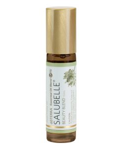 A roll-on bottle of doTERRA Salubelle essential oil blend with a gold cap and a label featuring green and white colors with text and a leaf graphic.