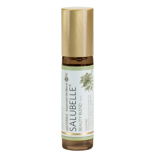 A roll-on bottle of doTERRA Salubelle essential oil blend with a gold cap and a label featuring green and white colors with text and a leaf graphic.