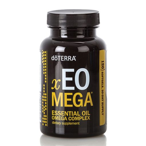 A bottle of doTERRA xeo mega essential oil omega complex dietary supplement on a white background. The bottle is black with yellow and white text, containing some of the best essential oils.