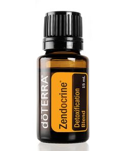 A small bottle of Earthsun Essentials Zendocrine essential oil, labeled as a detoxification blend, with a 15 ml capacity. The bottle has a black cap and is set against a white background.