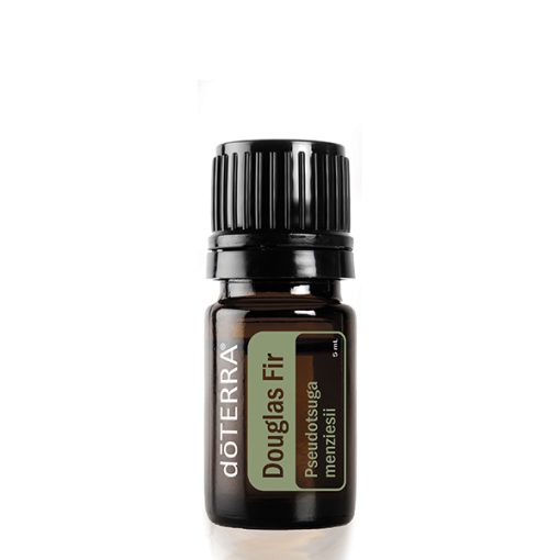 A small bottle of doTERRA Douglas Fir essential oil from Earthsun Essentials, displayed against a white background. The label shows the product name and botanical name 'Pseudotsuga menzies