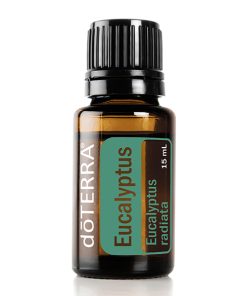 A small bottle of earthsun essentials eucalyptus essential oil, featuring a black cap and a green label with white and yellow text, against a white background. The bottle contains 15 ml