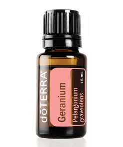 A bottle of doTERRA geranium essential oil, 15 ml size, with a pink label specifying the Latin name 