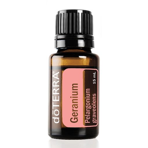 A bottle of doTERRA geranium essential oil, 15 ml size, with a pink label specifying the Latin name "Pelargonium graveolens." The background is pure white, highlighting