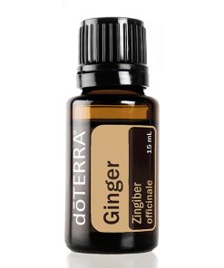 A bottle of doterra ginger essential oil (zingiber officinale), 15 ml size, displayed against a stark white background. The label is brown and beige with visible black and white text mentioning