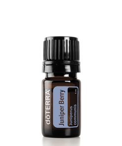 A small bottle of Earthsun Essentials juniper berry essential oil on a white background, with clear labeling on a brown glass bottle.