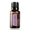 A doterra lavender essential oil bottle, 15 ml, with a black cap and a label featuring the product name and species 'lavandula angustifolia' on a white background. This