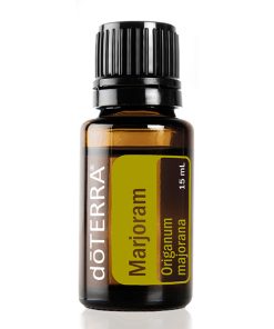 A doterra marjoram best essential oil bottle, 15 ml, isolated on a white background, displaying a clear label with the product's name and botanical name 
