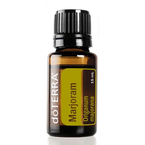 A doterra marjoram best essential oil bottle, 15 ml, isolated on a white background, displaying a clear label with the product's name and botanical name "origanum majorana.