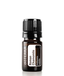 A small bottle of doterra roman chamomile essential oil, with a black cap and a brown label on a white background, is one of the sought-after doterra essential oils.