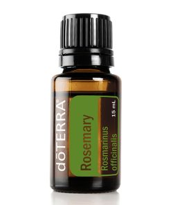 A small bottle of dōTERRA rosemary essential oil, labeled clearly with the product name and botanical name, 'Rosmarinus officinalis.' The bottle is against a plain white background