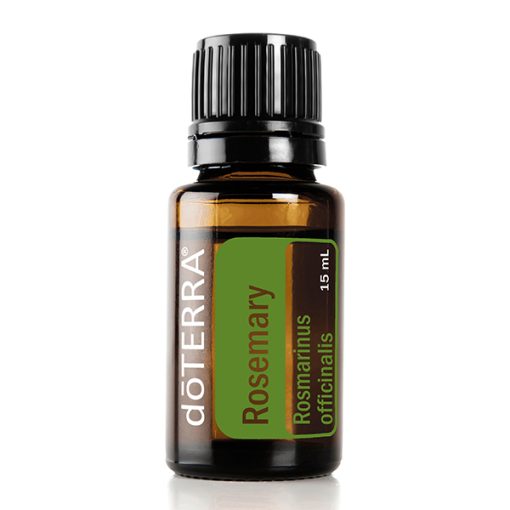 A small bottle of dōTERRA rosemary essential oil, labeled clearly with the product name and botanical name, 'Rosmarinus officinalis.' The bottle is against a plain white background