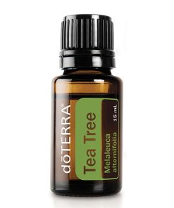 A bottle of earthsun essentials tea tree essential oil, 15 ml, with a transparent brown glass body and a black cap, isolated on a white background. The label is green and brown with white