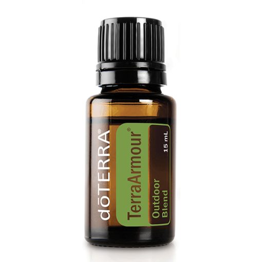A 15 ml bottle of Earthsun Essentials terraarmour outdoor blend essential oil, featuring a black cap and green label, isolated on a white background.
