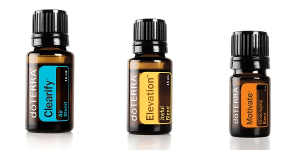 15ml bottle of clearify essential oil blend, 15ml bottle of elevation essential oil blend, 5ml bottle of motivate essential oil blend