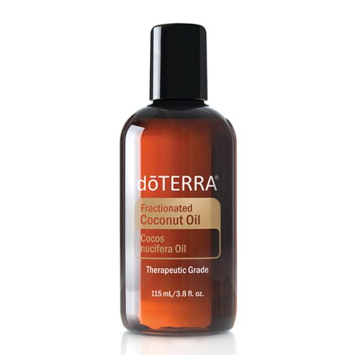 A bottle of doTERRA essential oils, fractionated coconut oil labeled as therapeutic grade, with a capacity of 115 ml/3.8 fl oz. The bottle is transparent with a black
