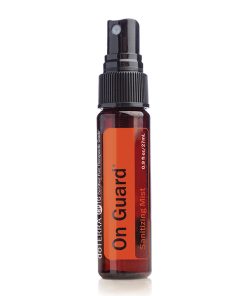 A small, transparent spray bottle with a black cap labeled "On Guard® All Natural Softgel Beadlets." The bottle contains an orange liquid and is isolated on a white background.