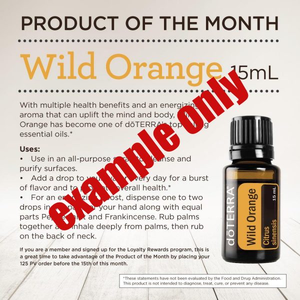 An advertisement for a product named "wild orange 15ml" by doTERRA, featuring a bottle of essential oil next to a description of its health benefits and suggested uses, with text in
