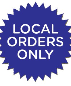 A blue starburst graphic with white text that reads "earthSun essentials local orders only" centered within the shape.
