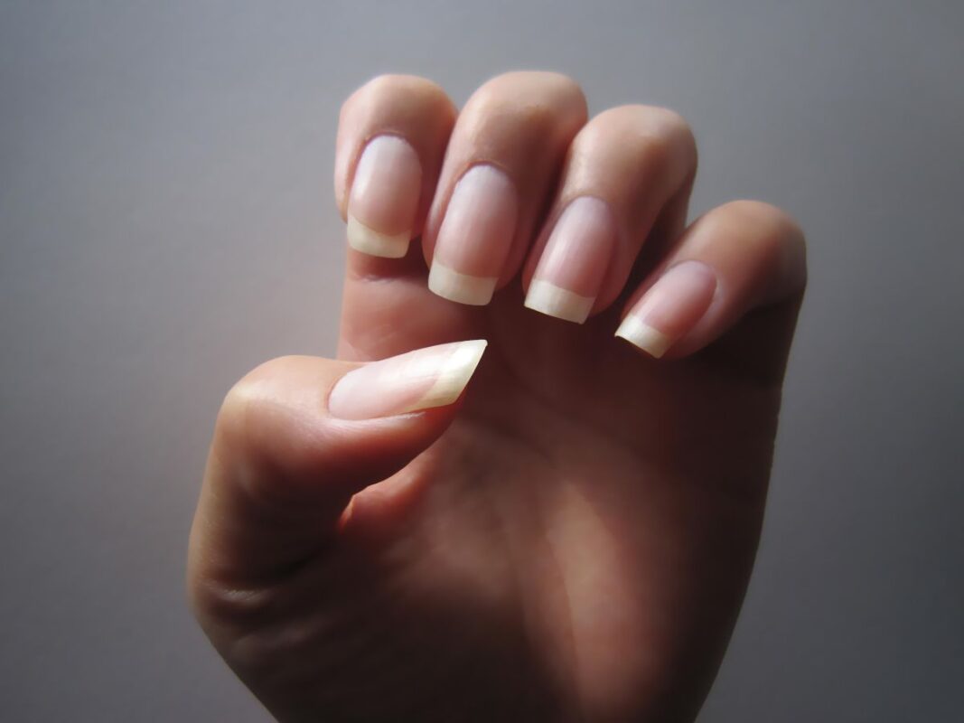 A close-up of a human hand displaying long, naturally grown fingernails, enhanced by the application of essential oil blends, with visible white tips against a soft grey background.