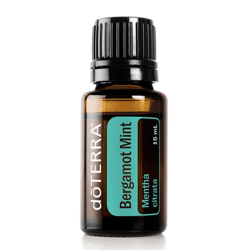 A bottle of doTERRA bergamot mint essential oil, one of the best essential oils, 15 ml, standing upright against a white background. The label is green with white and orange