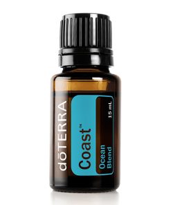 A small earthsun essentials essential oil bottle labeled "coast ocean blend" in a 15 ml size, displayed against a white background. The bottle has a black cap and a blue label with white
