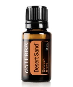 A small bottle of doterra desert sand essential oil blends with a clear label on a white background. The bottle has a black cap and contains 15 ml of the product.