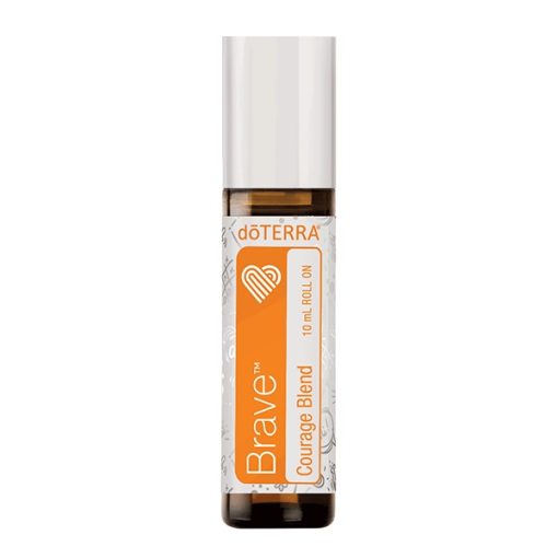 A 10 ml roll-on bottle of doTERRA Brave Courage Blend essential oil blends. The bottle is transparent with orange and white label detailing product and brand name, and it has a white cap