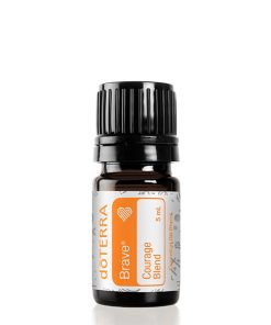 A small essential oil bottle from doTERRA labeled "Brave Courage Blend" in a 5ml size, featuring an orange label. It is isolated on a white background.