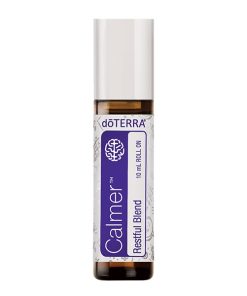 A bottle of earthsun essentials calmer restful blend essential oil in a 10ml roll-on container with a white cap and a lavender and white label featuring a purple emblem.