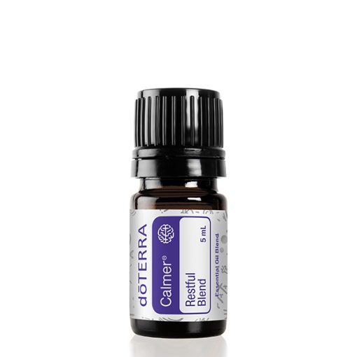 A small, 15 ml bottle of Earthsun Essentials Calmer Restful Blend essential oil, shown upright against a seamless white background. The label is purple and white with clear branding and text.