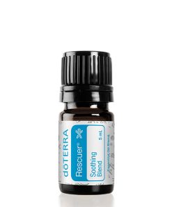 A small bottle of Earthsun Essentials rescuer soothing blend essential oil, isolated on a white background. The label is predominantly blue and white.