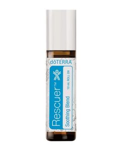 A bottle of Earthsun Essentials rescuer soothing blend essential oil roller, featuring a white cap and a clear label with blue detailing. The label displays the brand and product name prominently.