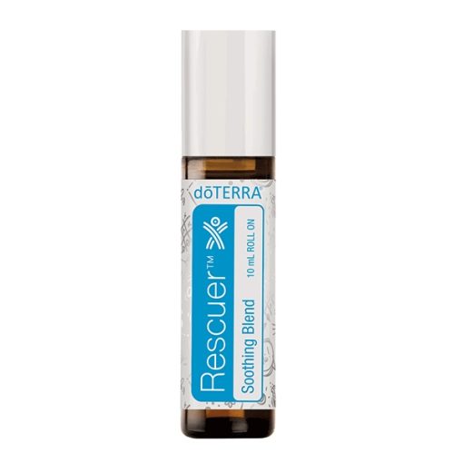 A bottle of Earthsun Essentials rescuer soothing blend essential oil roller, featuring a white cap and a clear label with blue detailing. The label displays the brand and product name prominently.
