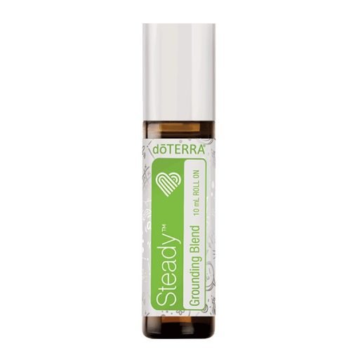A doTERRA essential oil roller bottle labeled "steady grounding blend." The label is green with white and gray floral designs, and the cap is white. Its contents include some of the best essential