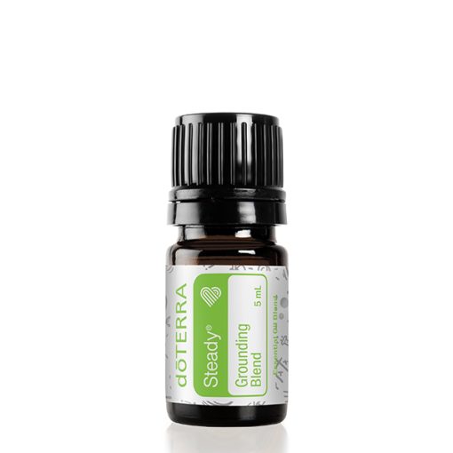 A small bottle of doTERRA Steady Grounding Blend essential oil, 15 ml size, displayed against a plain white background. The label is visible with green accents.