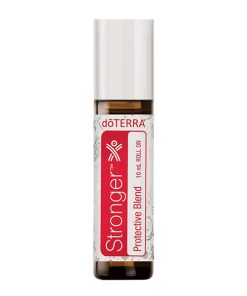 A bottle of doTERRA Stronger Protective Blend essential oil, contained in a 10 ml roll-on applicator with a white cap, labeled clearly in red and gray tones featuring rose oil.