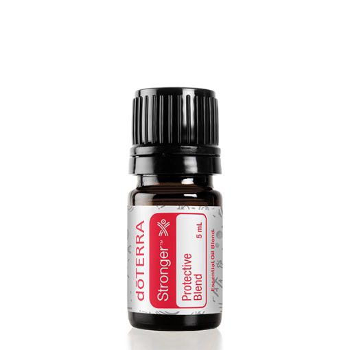 A small bottle of doTERRA Stronger Protective Blend, one of the best essential oils, with a white cap, labeled in red and white on a plain white background. The container is