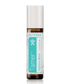 A doTERRA Tamer digestive blend roll-on bottle. The container is cylindrical with a predominantly white label that features teal and bronze design elements from Earthsun Essentials.