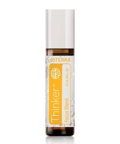 A 10 ml roll-on bottle of essential oil blends, marked "doterra thinker focus blend," adorned with rose oil and orange floral designs, isolated on a white background.