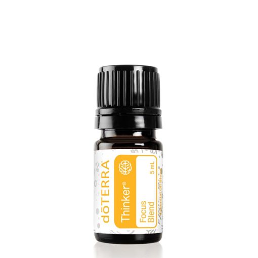 A small essential oil bottle labeled "EarthSun Essentials Thinker Focus Blend" in a 5 ml size, prominently displayed against a clean, white background. The cap is black and the label is white