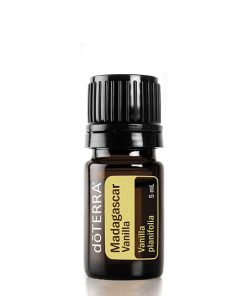 A small, dark brown glass bottle of doterra essential oil labeled 