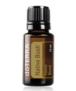 A bottle of doTERRA essential oil labeled "native bush forest blend," capacity 15 ml, with a black cap, displayed against a white background.