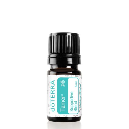 A bottle of Tamer® Supportive dōTERRA Essential Oil blend, 5 ml size, stands upright against a white background. The label is prominently displayed with text and logo.